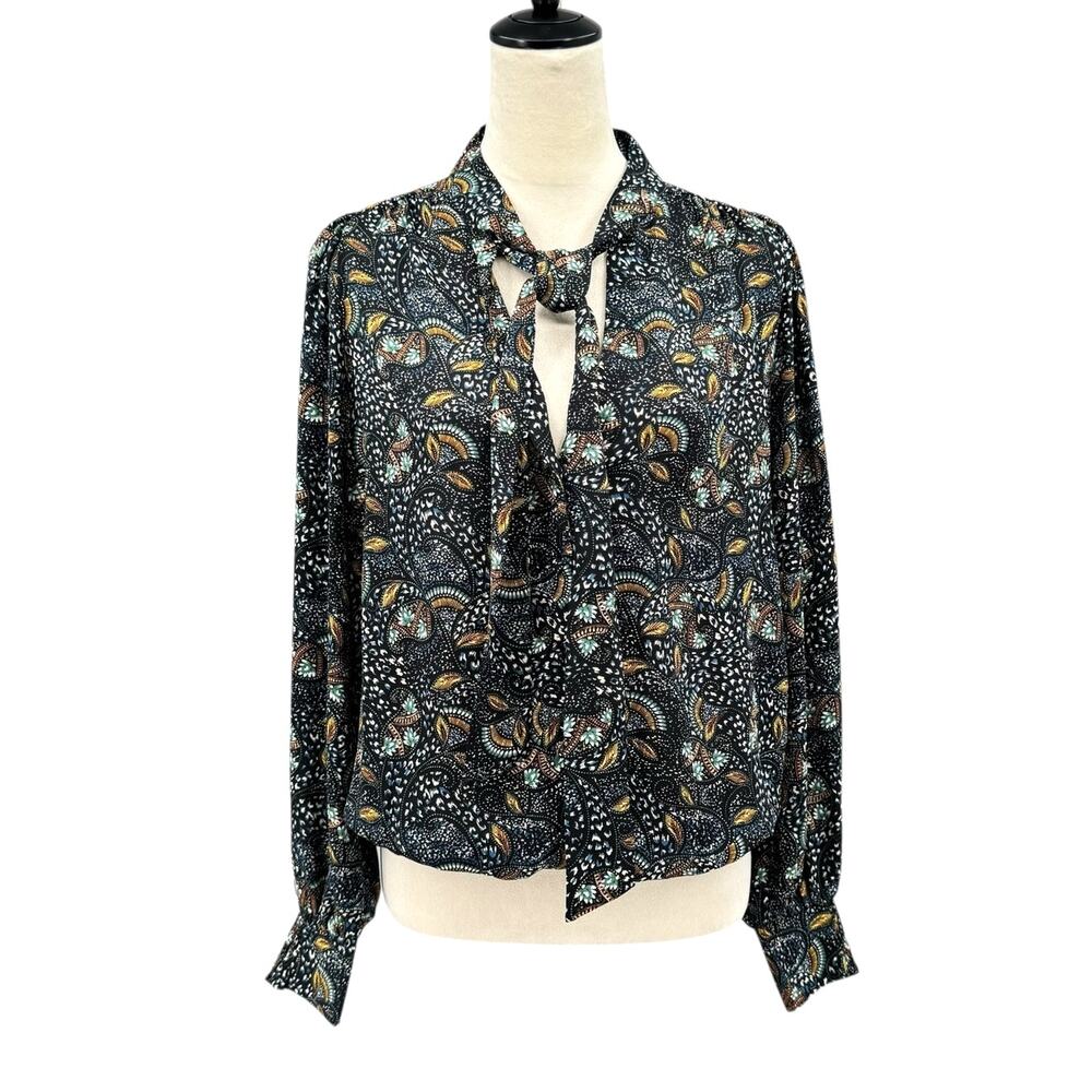 Evereve Charlie Neck Tie Teal Multicolor Printed Long Sleeve Chiffon Blouse - Picture 2 of 12